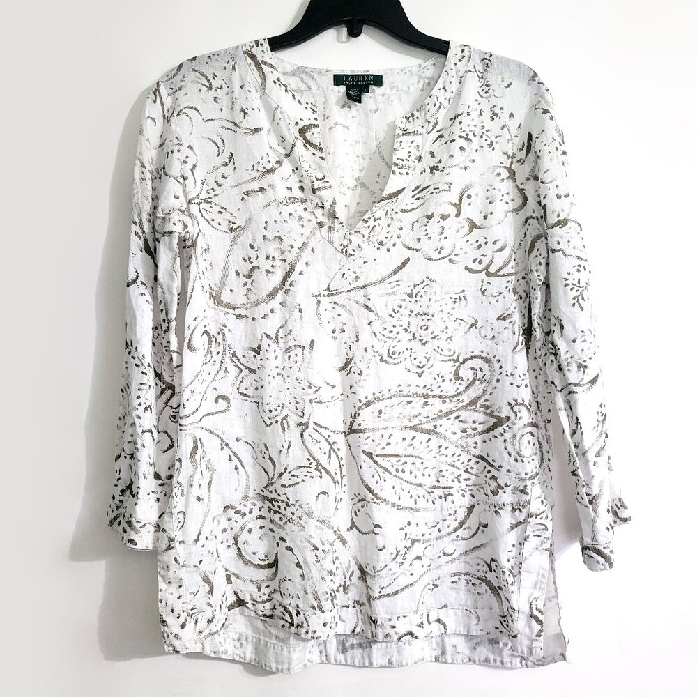 Lauren Ralph Lauren Womens Long Sleeve Top Size S White 100% Linen Floral Tunic